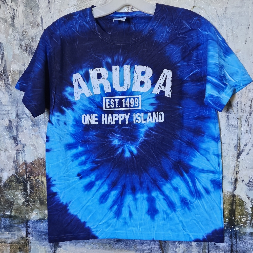VTG Style Graphic Blue Tie-dye Tee ARUBA Youth Sz L from YAZBEK Mexico Unisex